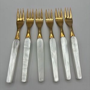 Vintage Bakelite GILT Rostfrei Flatware 6 3 prong forks Opalescent Pearl 1940's